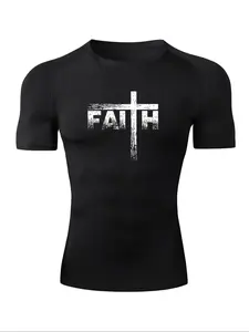 Men's Cross & Letter Print Round Neck Raglan Sleeve Tee, Tight-Fitting Casual Comfortable Breathable Quick Drying Short Sleeve Crew Neck T-shirt, Gym Workout Tee, All-match Top for Summer