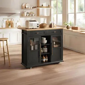 Black Mobile Kitchen Island Cart with Wheels, 2 Glass Doors and Spice Rack, Towel Holder and Trash Storage Cabinet, for Small Kitchens Dining Rooms