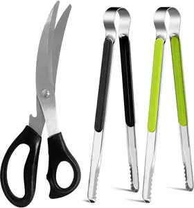 Kitchen . Korean Barbecue  and Tongs Set, Kitchen Shears and Tongs for  Meat, Chicken, Vegetables, Stainless Steel Multipurpose Non-slip Serrated  BBQ  BBQ Tongs