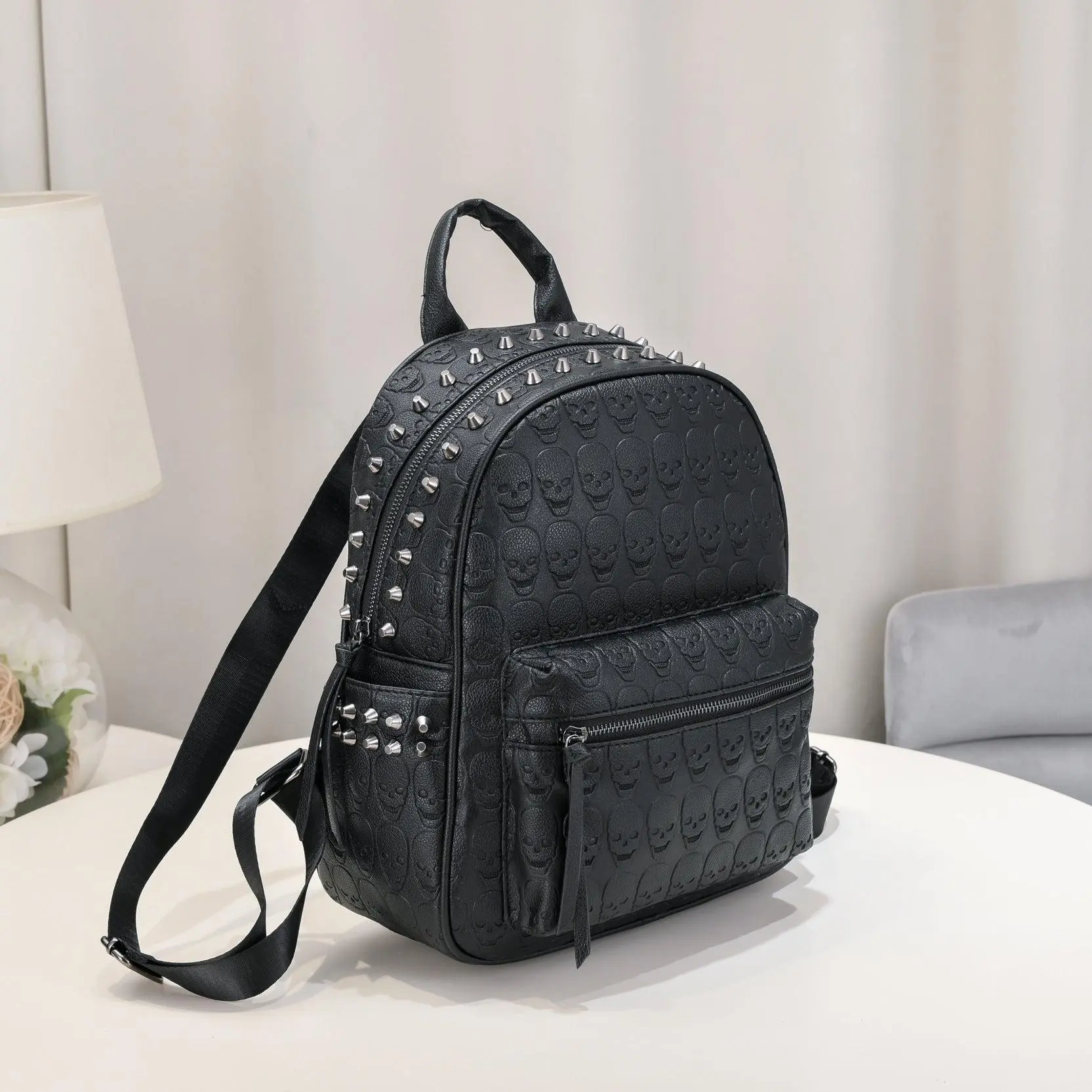 Rivet Soft Leather Backpack with 3-Dimensional Relief Pattern, Multi-Pockets, Zipper Closure for Business Commute & Daily Use, Backpacks