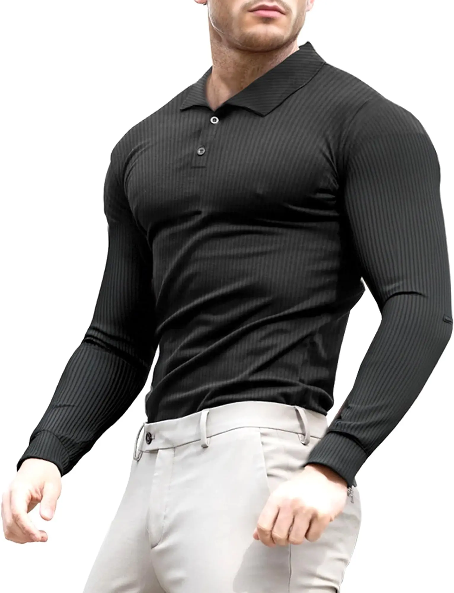 Lehmanlin Men's Muscle Polo Shirt Long Sleeve Casual Stylish Slim Fit Stretch Ribbed T-Shirt Golf Shirt Black