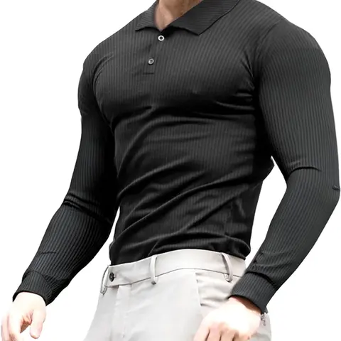 Lehmanlin Men's Ribbed Long-Sleeve Slim-Fit Stretch Polo Shirt – Elegant Casual Golf Tee