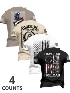 Men's Summer Flag Print Casual Short Sleeve Shirts, Patriotic Symbols & Personal Slogans, Fitted Round Neck, 4 Pack, Daily Wear