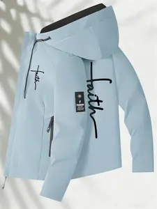 Women's Trendy Hooded Jacket Long Sleeve 2 Colors Available With Faith Cross Handwritten Print Easy Pull Zipper Loose Fit Soft Fabric Minimalist Design Pockets Casual Versatile Daily Commute Weekend Outings Streetwear Fashion Outerwear
