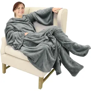 Wearable Fleece Blanket with Sleeves and Foot Pockets for Adult Women Men, Micro Plush Comfy Large Sleeved Throw Blanket Robe, Grey