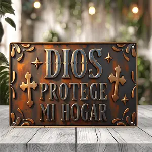 2D Flat 2D Effect Metal Tin Sign – God Protect My Home Spanish Religious Wall Art with Cross & Stars Design, Rustic Iron Decor for Indoor/Outdoor Use, Garage, Home, Collectors, No Batteries Needed, Perfect Vintage Gift