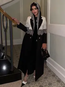 Lace Patchwork Blazer Coat, Elegant Long Cardigan with Scarf, Loose-Fitting Outerwear for All Seasons