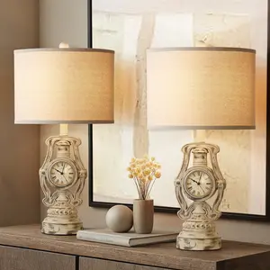 25” Clock Magic! Vintage lamp set with USB ports—nostalgia meets handy  (Set of 2)