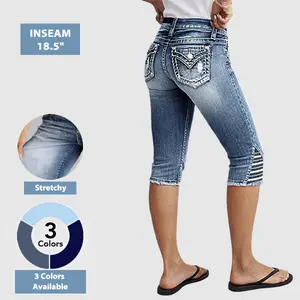 Flamingals Star & Stripe Embroidery Raw Hem Ripped High Waist Skinny Capri Jeans Womenswear Stretchy 18.5" Inseam