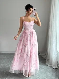 Elegant Floral Sheer Sleeveless A-Line Dress for Women, Summer Waist-Cinching Fashionable Casual Comfortable Butterfly Embroidered Dress, Suitable for Everyday Outings, Parties, Dates, Banquets, and Vacations.