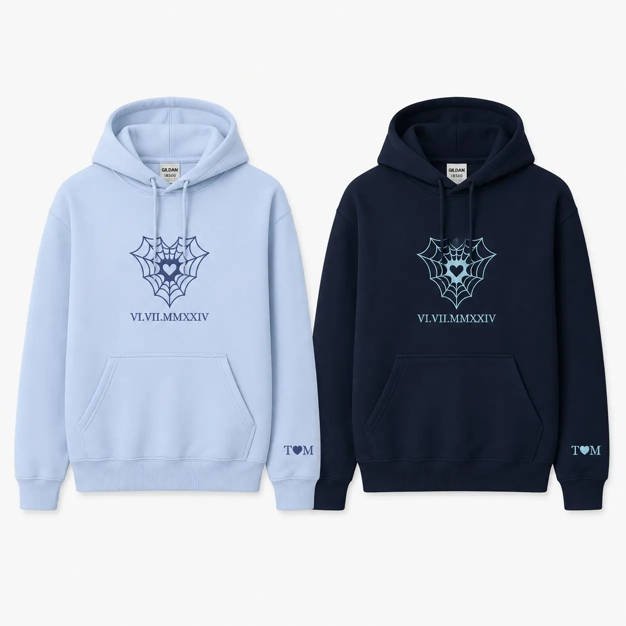Custom Embroidered Spider Web Heart Hoodies for Couple, Personalized Roman Numeral Matching Hoodies, Anniversary Valentines Gift