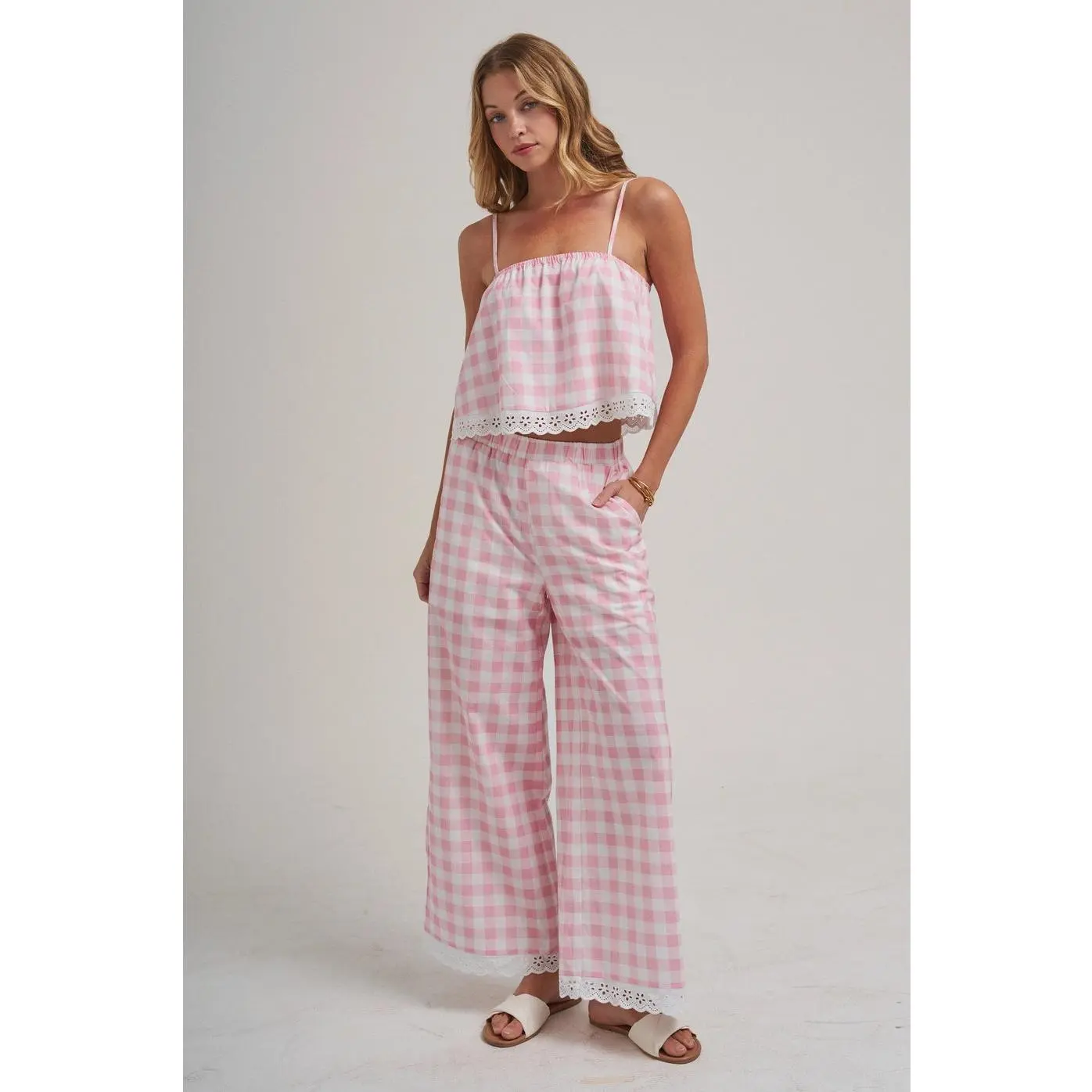 Picnic Blossom Gingham Wide Leg Pants - Blush Pink - FINAL SALE