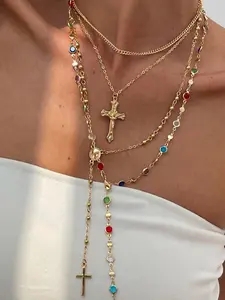 4-Piece Vintage Metal Jesus Cross Y-Shape Necklace Set, Bohemian Style Multicolor Crystal Pendant Jewelry, Perfect Women's Fashion Gift, Boho Chic Crystal, Statement Necklace