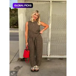 Women's Two-Piece Gingham Print Tank Top and Wide Leg Pants Set, Casual Cozy Fashion Outfit for Daily Outdoor Wear, Women's Clothes for Spring and Fall