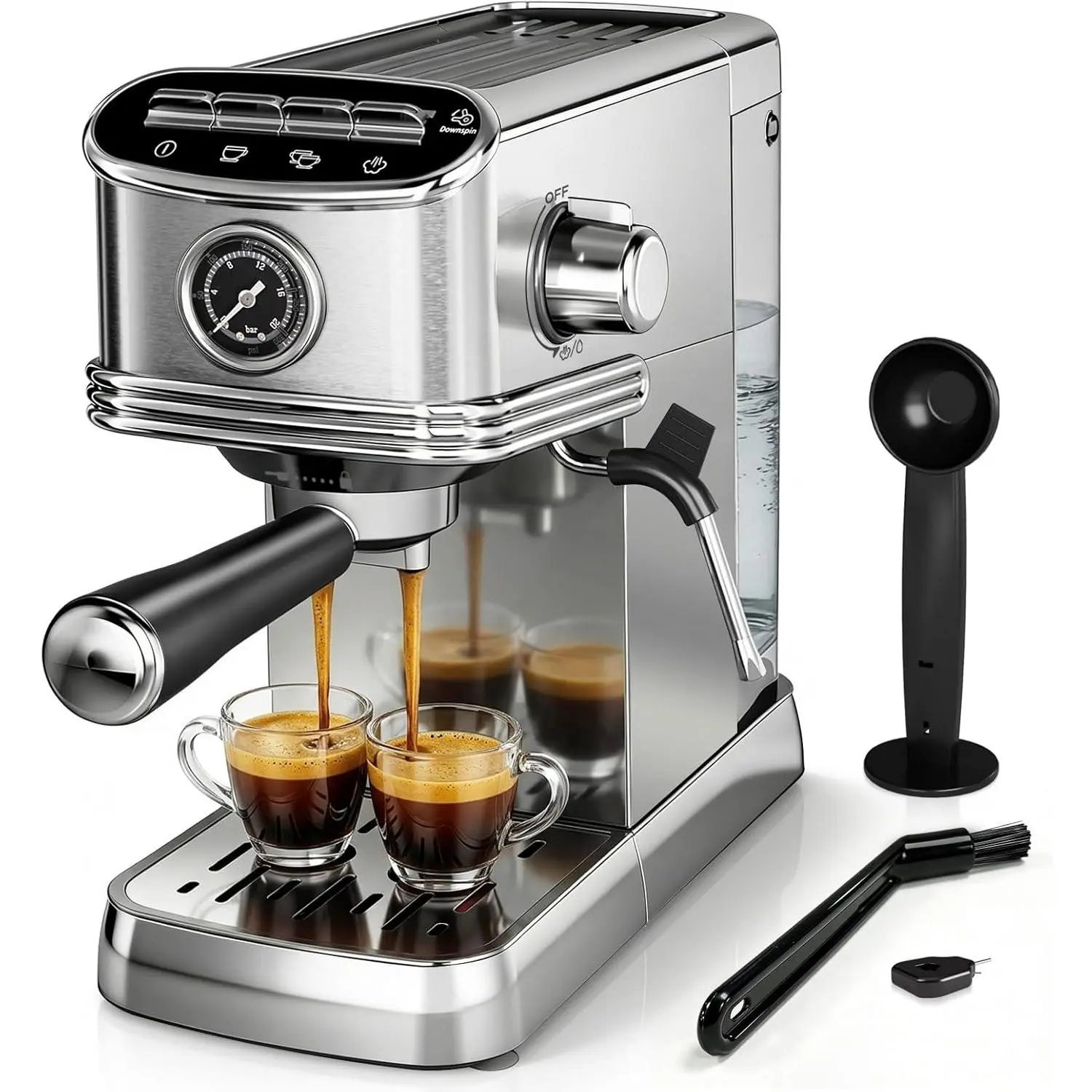 Kismile 20-Bar Compact Stainless Steel Espresso Coffee Machines with Milk Frother, 45 oz Removable Tank, Espresso Accessories Kit for Home & Office (Silver)