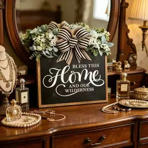 Elegant 'bless This House' Blackboard Sign, Handmade Wooden Wall Hanging, Striped Burlap Bow, Modern Farmhouse Decor for Porch and Living Room