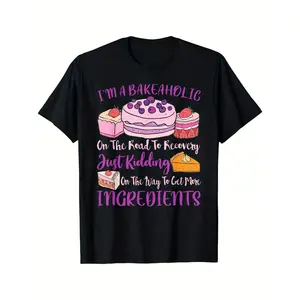 Funny 'Bakeaholic' Graphic Tee: Soft Crew Neck T-Shirt with Cake & Cupcake Print for Baking Lovers, Men & Women |     Black with Pink & Purple Lettering, Perfect Birthday Gift & Casual Party Apparel - Machine Washable