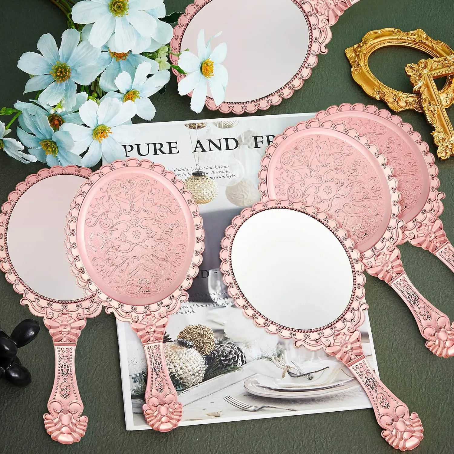 12 Pcs Vintage Handheld Mirror with Handle, 9.8" L x 4.5" W Rose Gold Embossed Portable Small Mirrors Bulk for Princess Party Favors, Birthday Gifts, Classroom Rewards & Daily Travel Use, Valentine's Day gift, Mother's Day gifts