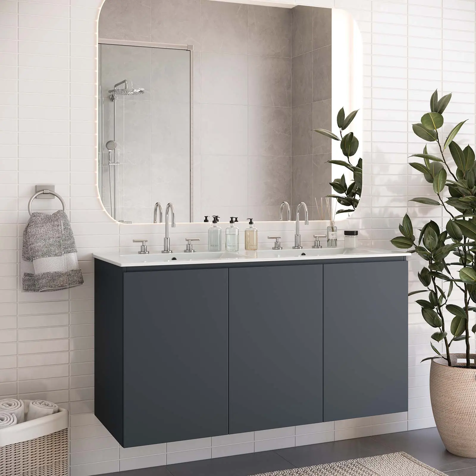 Modway Bryn 48" Wall-Mount Double Sink Bathroom Vanity, Gray White Bathroom Sink Cabinet, Modern Fixture Set, Modern Bathroom Fixture Sets