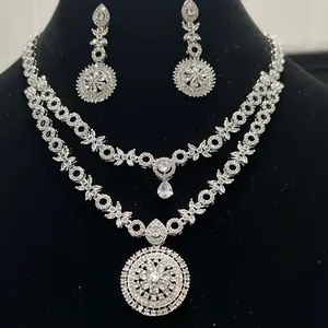 White American Diamond Double Layer Necklace Set with Earrings for Women
