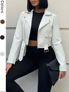 Women's Autumn & Winter Faux Leather Jacket Slim Fit Motorcycle Style Long Sleeve Zip-up Short Jacket in White for Casual Outings Minimalist Collared Coats