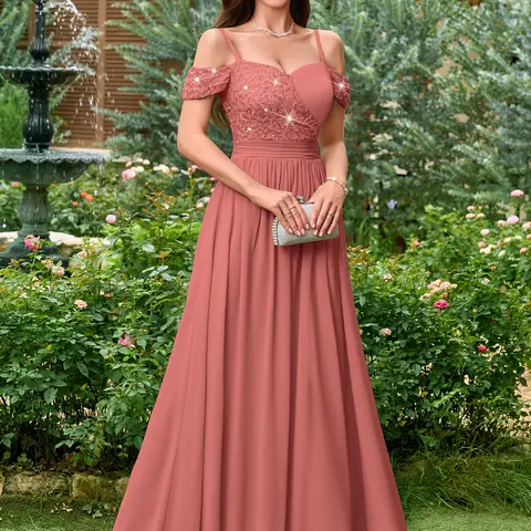 Miusol 55784A Lady's Off-Shoulder Sparkly Sequined Split Spaghetti-Strap Formal Maxi Dress, Elegant Dresses for Women, Formal Wear for Spring/Summer Events