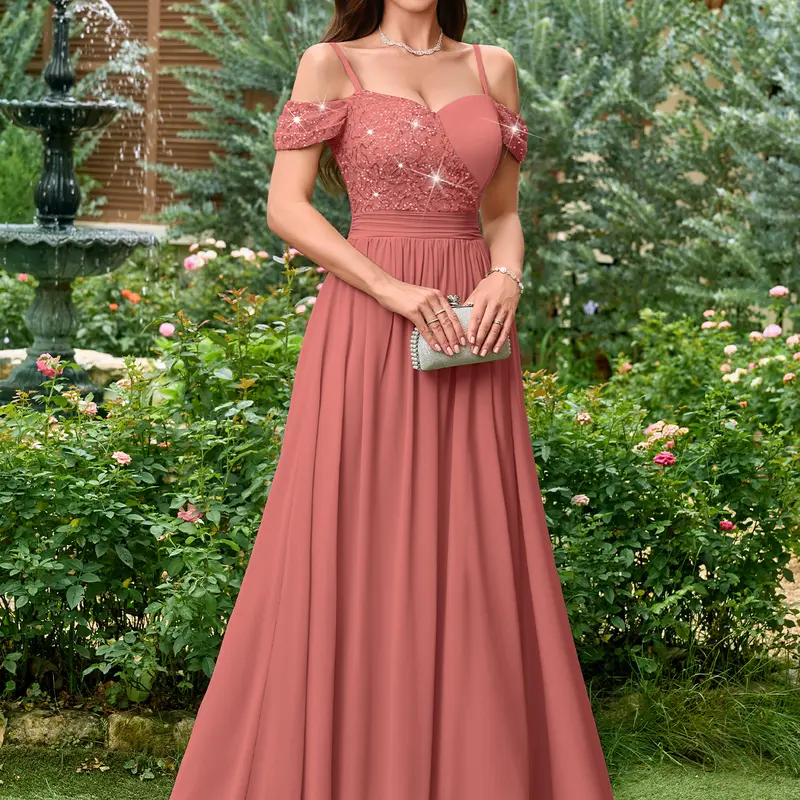 Miusol 55784A Lady's Off-Shoulder Sparkly Sequined Split Spaghetti-Strap Formal Maxi Dress, Elegant Dresses for Women, Formal Wear for Spring/Summer Events