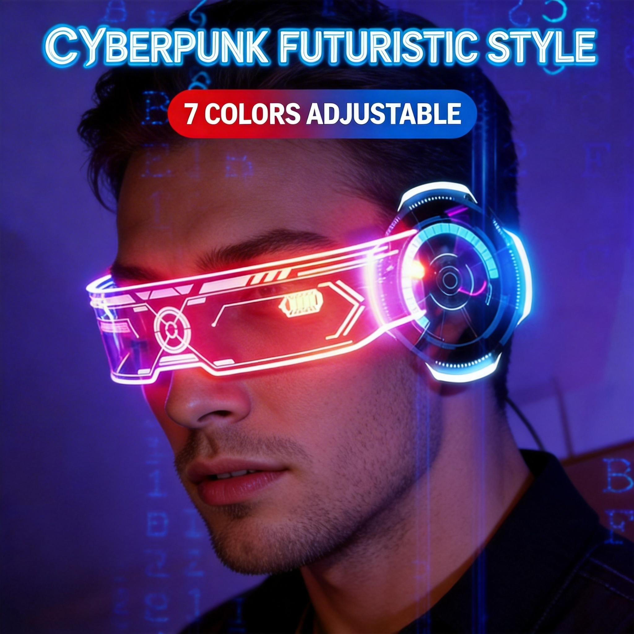 7-color double-sided controllable LED luminous glasses, cool luminous goggles, fashionable and futuristic luminous glasses suitable for electronic music, Halloween, music festivals, and sci-fi cosplay