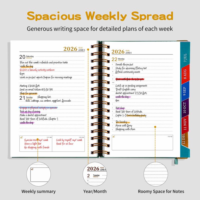 2026 Dual Line Spiral Planner Book, 400 Pages, 12 Months Weekly Monthly Plan, Improve Learning & Efficiency, Memo, Time Organization, Personal Planning, Spiral Bound Planner