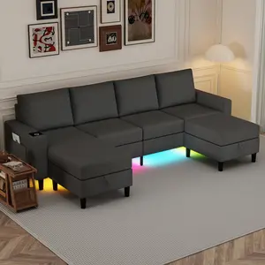 HYZQ 109" U Shaped Sectional Sofa 4 Seat Cloud Couch with Chaise Storage Ottoman Linen Upholstery Wireless Charging USB RGB Lighting Dark Grey