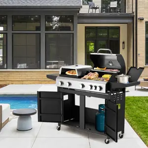 5-Burner Outdoor Propane Grill - 616 Sq. In. Large Cooking Area, 74, 000 BTU Total Output with Side Burner & Porcelain-Coated Cast Iron Grates, Black for Camping, Patio, Backyard