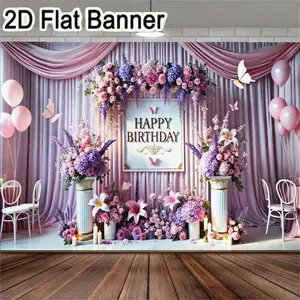 2D flat banner, 1pcLight Pink & Purple Happy Birthday Party Setup | Floral Backdrop with Draped Curtains, Gold Frame Sign, and Balloons for Elegant Celebrations