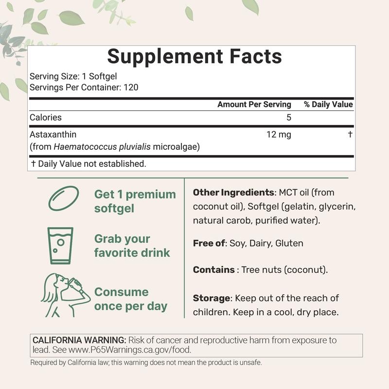 Micro Ingredients Astaxanthin 12mg, 120 softgels | 4 monthly Supply, Natural Tanning, Fresh Microalgae Source, Easy to Swallow