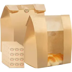 120 Pcs Paper Bread Bags with Clear Window for Homemade Breads 16 x 10 x 5 inch Paper Bakery Bags with 132 Stickers for Sourdough, Loaf, Cookie, Sandwich Packaging