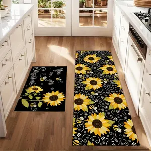 2Pcs Sunflower black background Floor mat set including farmhouse kitchen Rug dining room flooring laundry room decorative carpet mat