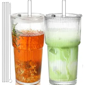 20oz Glass Cups with  and Straws: Iced Coffee Tumbler with ,  Thick Drinking Ribbed to Go Glasses Matcha Cup for Juice, Smoothies, Cold Beverages with Clean Brush,2 PCS