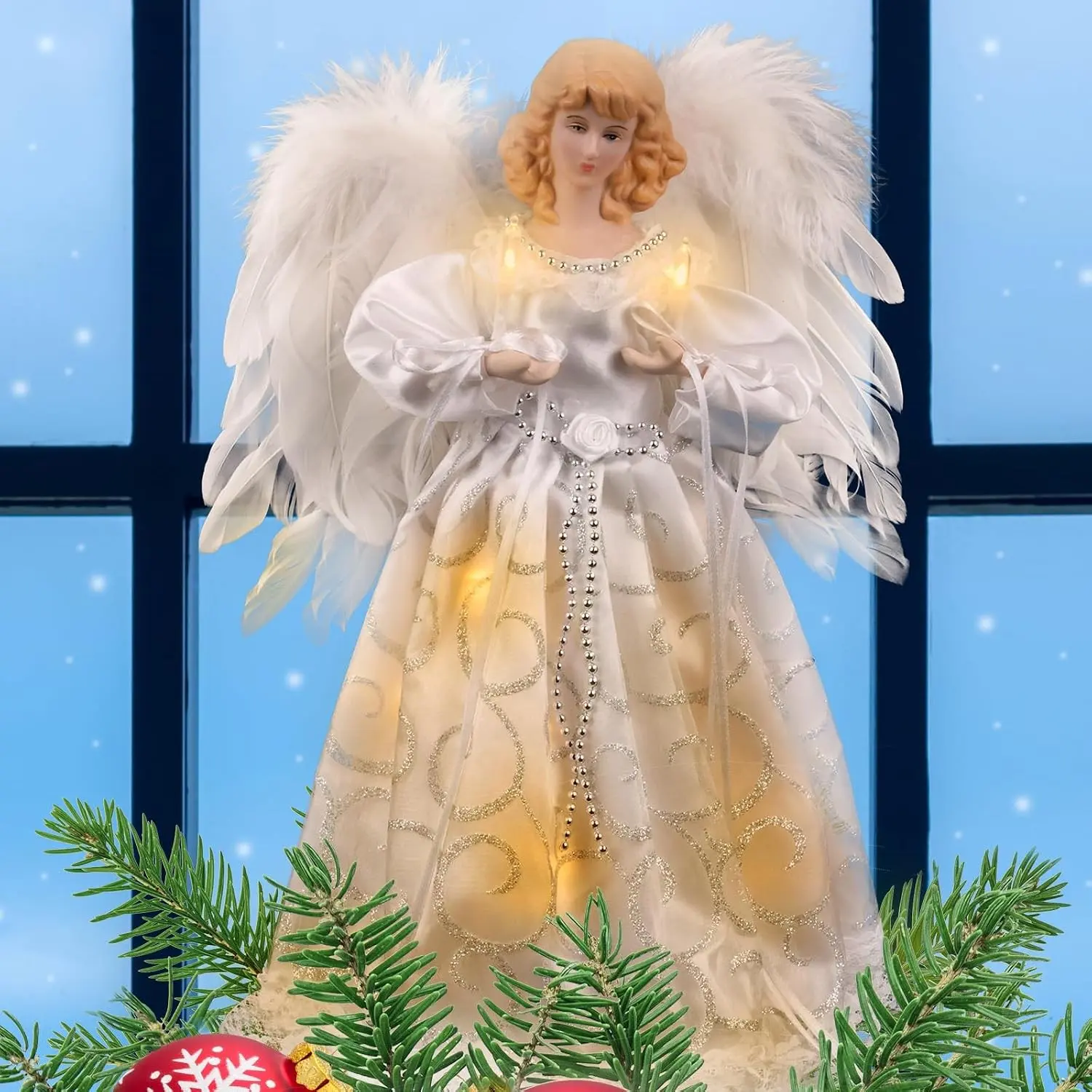 12.5 inch White Angel Christmas Tree Topper with Lights, Battery-Powered Tree Topper for Christmas Decorations