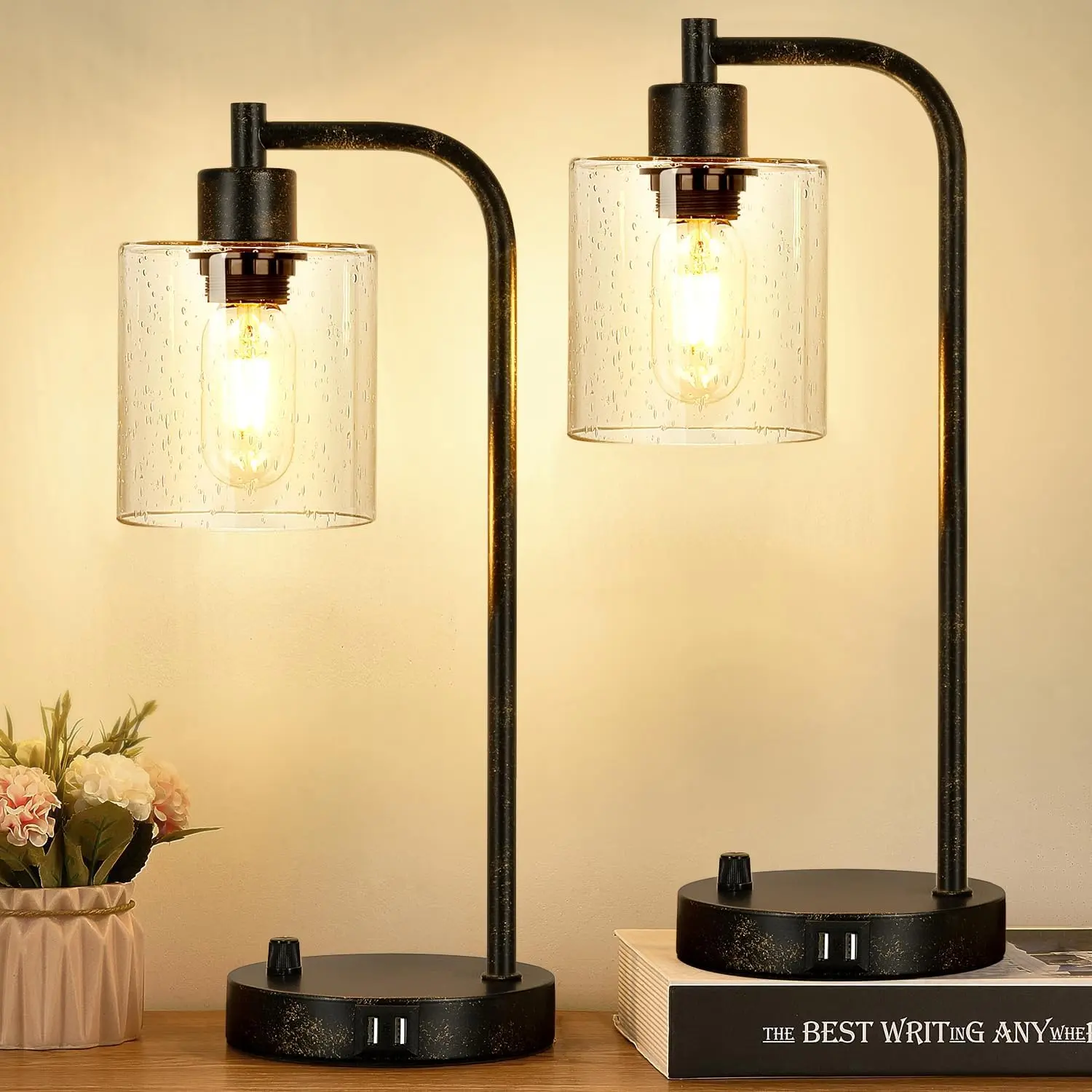Set of 2 Industrial Table Lamps with USB Port, Fully Stepless Dimmable Bedside Lamps for Bedrooms, Nightstand Desk Lamp with Clear Glass Shade for Reading Living Room Office 2 LED Bulb Included,sohochic