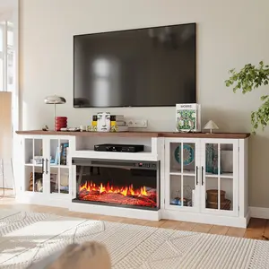 【3 Packages Shipping】oneinmil 98" Farmhouse TV Stand with 36" Fireplace for TVs up to 100", Media Entertainment Center with Adjustable Shelves and Large Storage Cabinets, for Living Room, White & Black