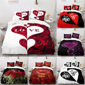 Valentine's Day Heart Rose Bedding Set, 3-Piece Includes Duvet Cover and Pillowcases, Polyester Fabric, Bedroom & Guest Room Use