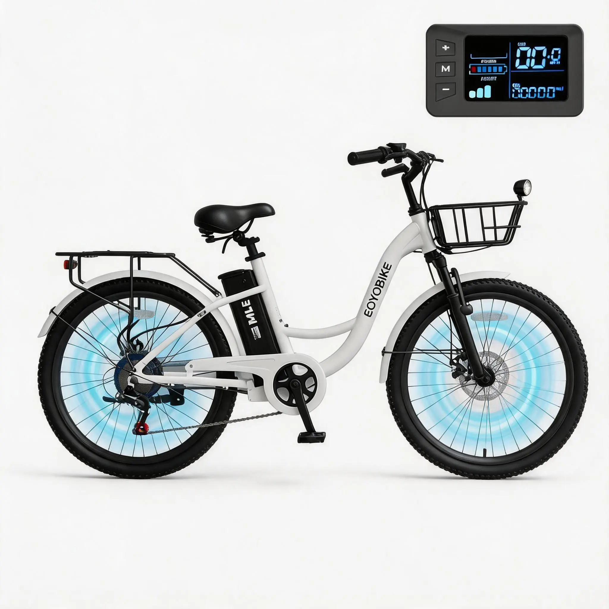 EOYOBIKE MLE 20MPH 7-Speed Electric Bike,24/26" 700W Peak Power City Cruiser Ebike,  Electric Bicycle w/36V 10.4Ah Removable Battery & front basket, Step-Thru Electric
