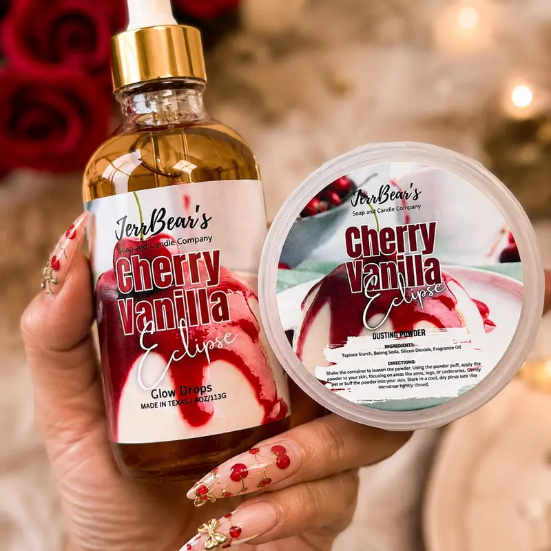 JerrBear's Silky Smooth Golden Fluffy Glow Duo Body Care Set - 4oz Body Oil, 4oz Dusting Powder, Flower Accessory, Coconut, Vanilla, Strawberry, Peach, Cherry, Watermelon, Violet, Blueberry, Raspberry, Lemon, Kiwi, Neroli, Papaya Aromas