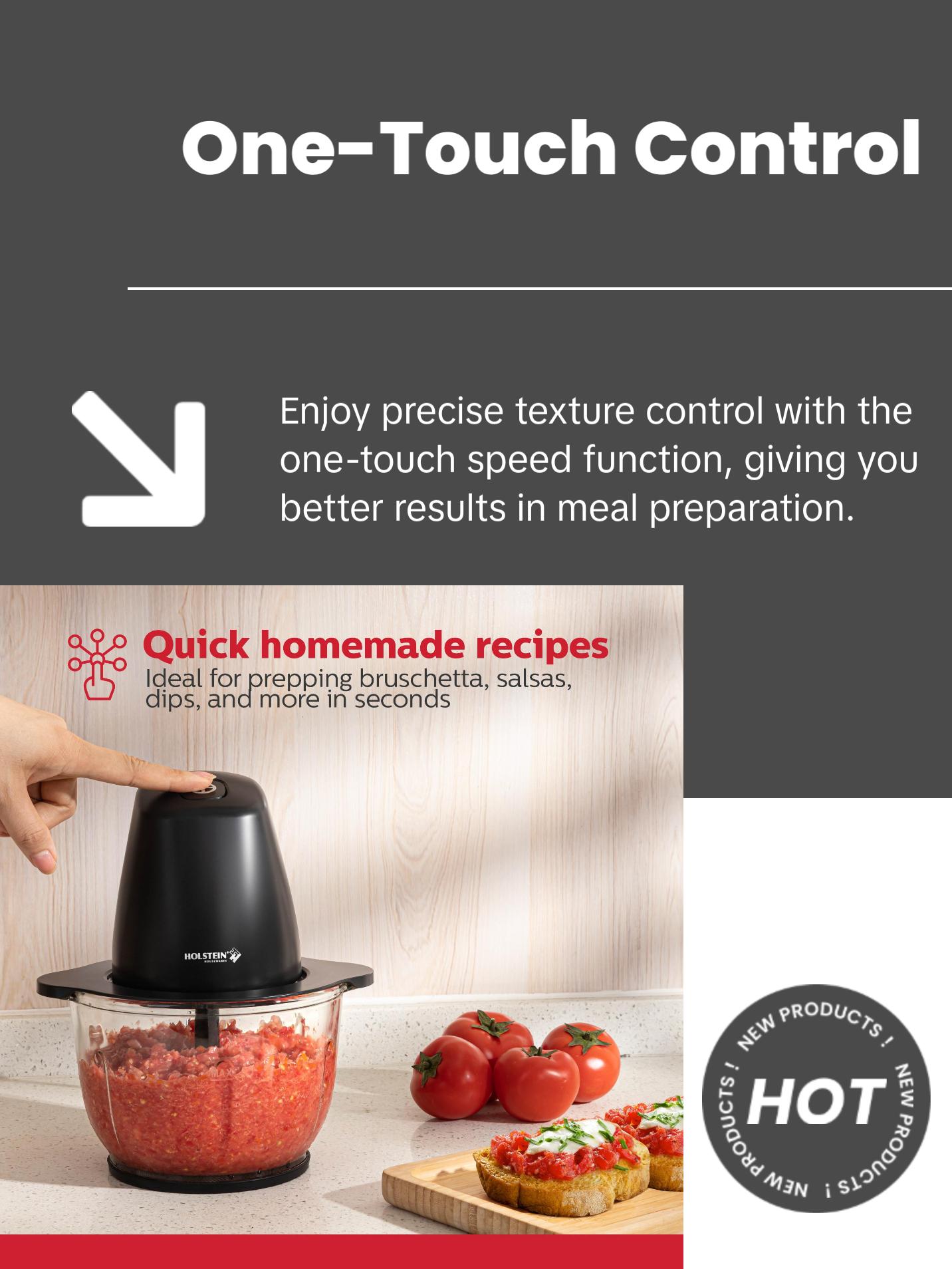 Holstein Housewares 1.9 QT Electric Food Chopper with 250W Power Stainless Steel Blades & One-Touch Speed Control for Easy Meal Prep