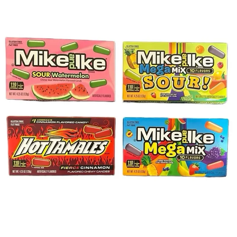 Mike and Ike 4-Pack 4.25oz Per Pack - Chewy Candy - Watermelon, Sour, Mega Mix, Hot Tamales Snack Bonbon Sweet