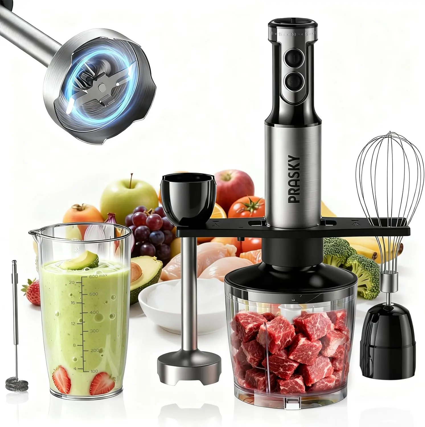 PRASKY 1200W Hand Blender 20 Speed & Turbo Mode Hand Held Blender Heaviest Duty Copper Motor Stainless Steel Blades Milk Frother Wand Whisk 600ml Beaker 500ml Chopper Black