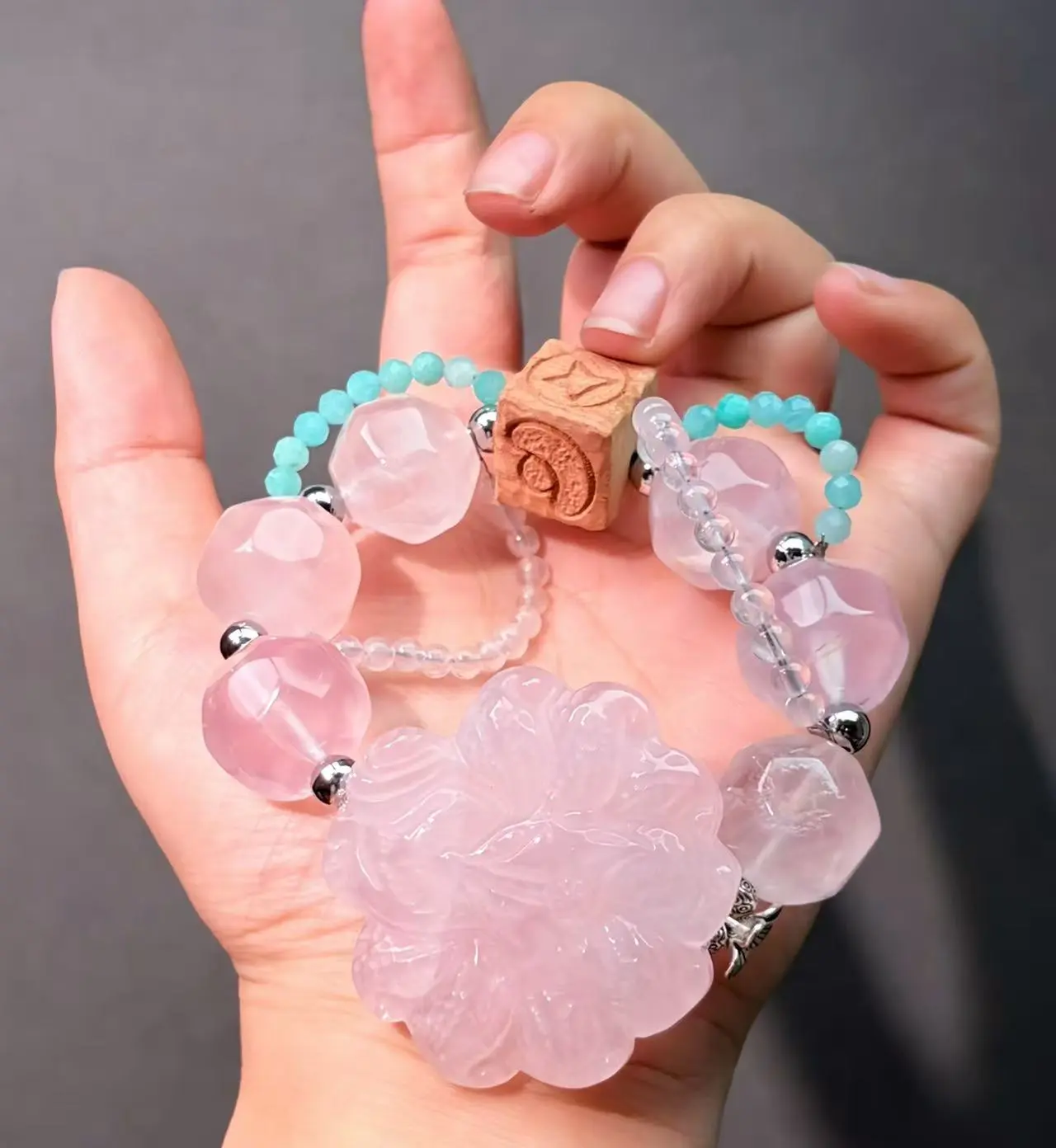 004 Rose Quartz Clear Quartz Amazonite Bracelet Combination Link, Lucky Charm Bracelet 2025 Energy Magnetic Bead Bracelet Gift