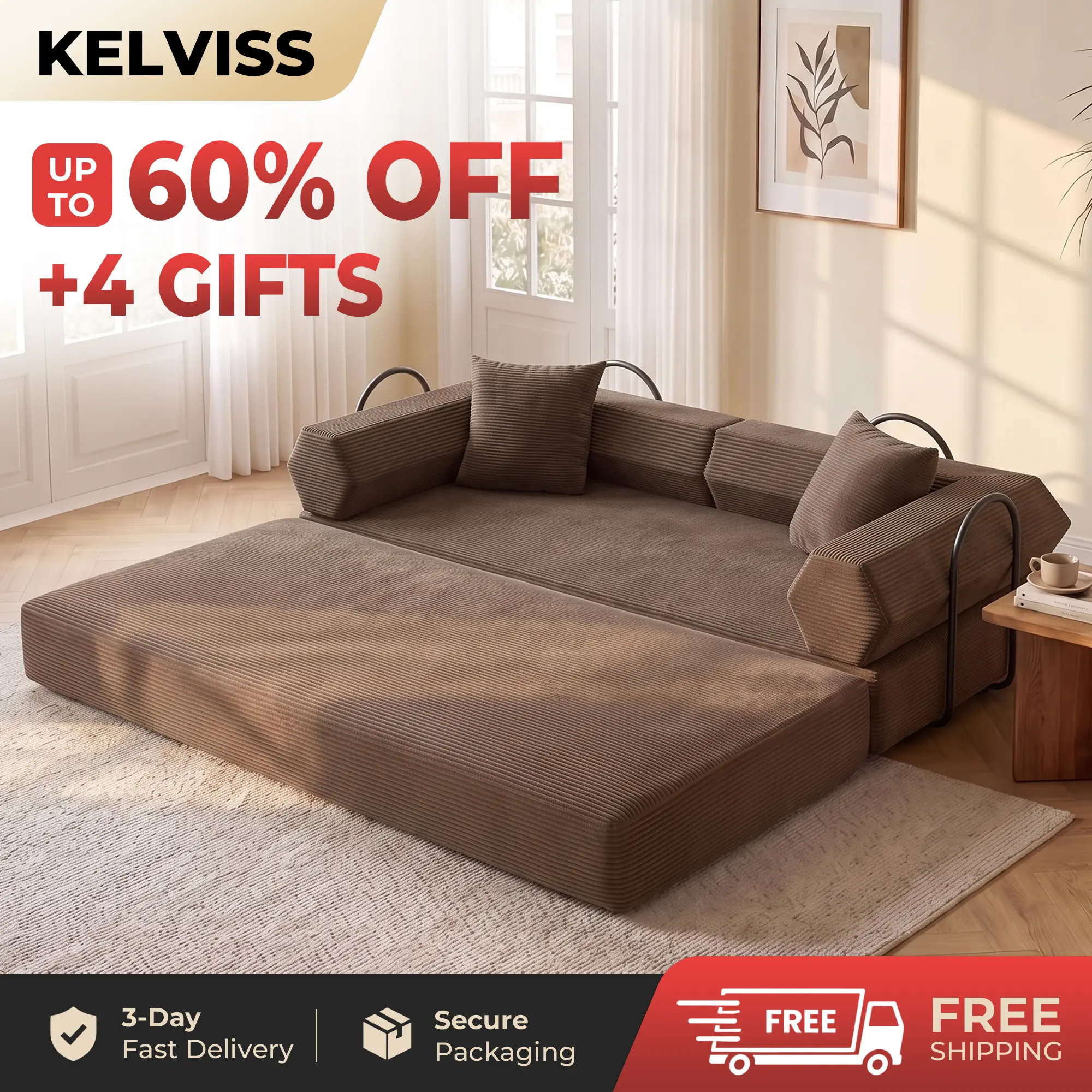 KELVISS 5-in-1 Folding Convertible Sofa Bed, 79 Inch Oversized Corduroy Upholstered Boneless Couch, Loveseat Sleeper with Pull Out Bed, Floor Sofa Modular Futon Couch for Living Room Bedroom Plush Chaise Lounge