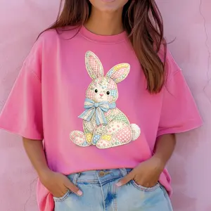 Spring Bunny Shirt, Easter Bunny Graphic Shirt, Faux Patchwork Tee, Comfort Colors Womens Shirt