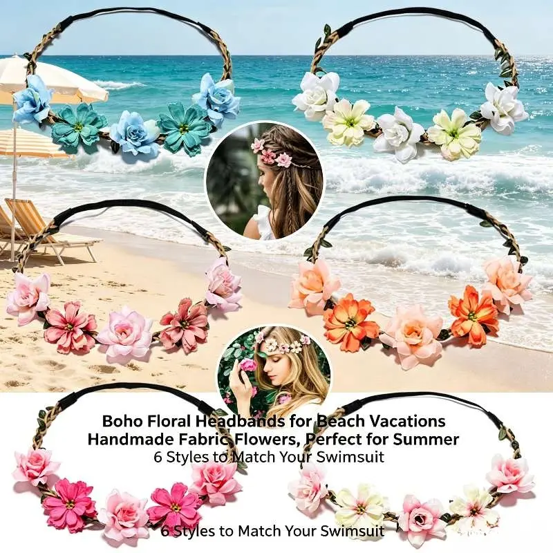 Women's 6-Pcs Plastic Fabric Boho Flower Crown Headpieces - 20.5 to 22.8 Inches Floral Wreaths, Wedding/Engagement Essentials, Bohemian Party Favors