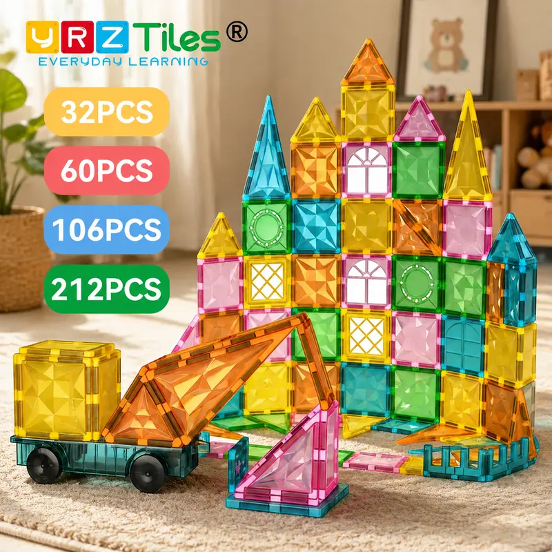 YRZTILES 106 Pcs Magnetic Geometric Interlocking Building Blocks, STEM/Build Montessori Calming Sensory Toy, Educational Play Toy for Autistic Kids 3+ Years, Toddler Boys' Children's Day Gift